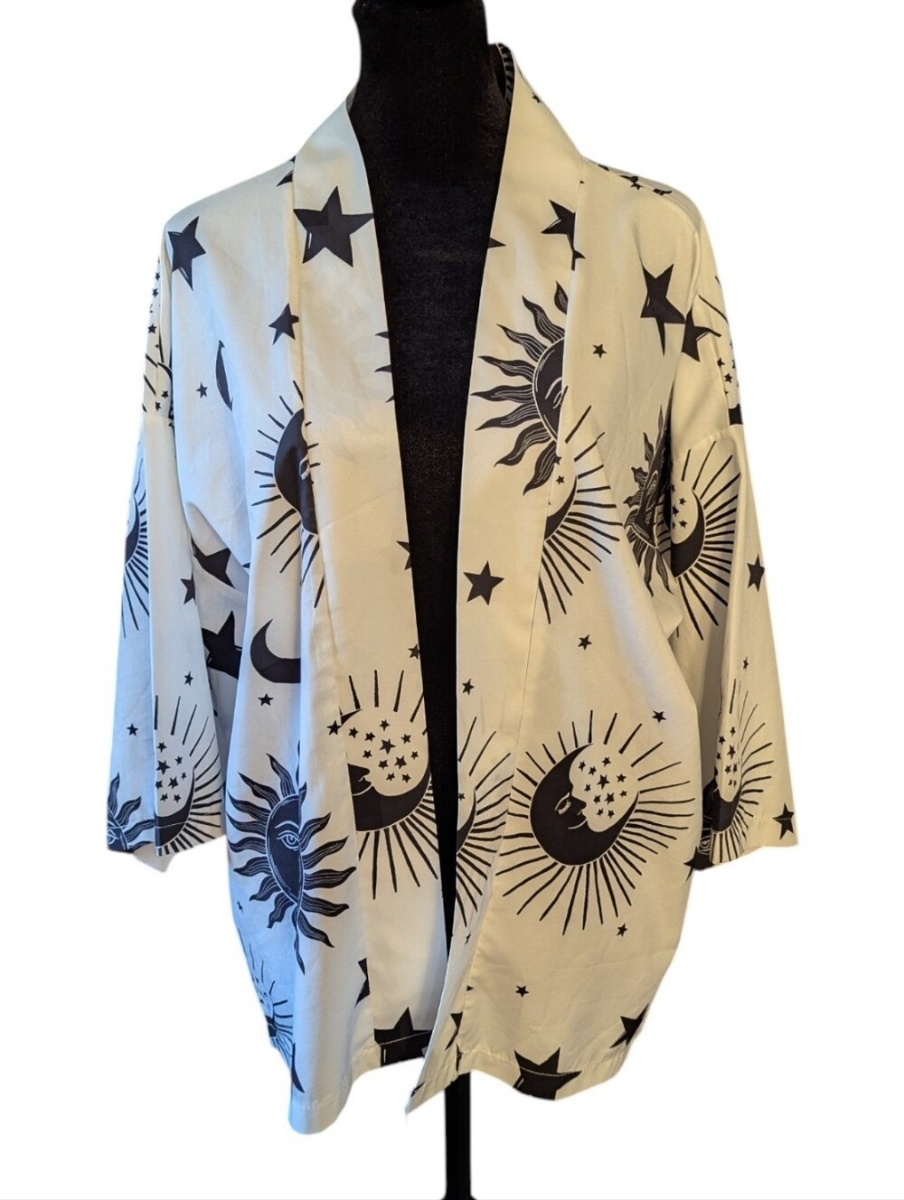 Sun Moon Stars Oversized Open Front Kimono Top Size Small Black And White